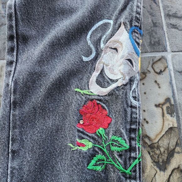 Vtg Dickies Jeans Women 40x30 Embroidered Performing Arts Comedy & Tragedy Roses - Picture 3 of 15